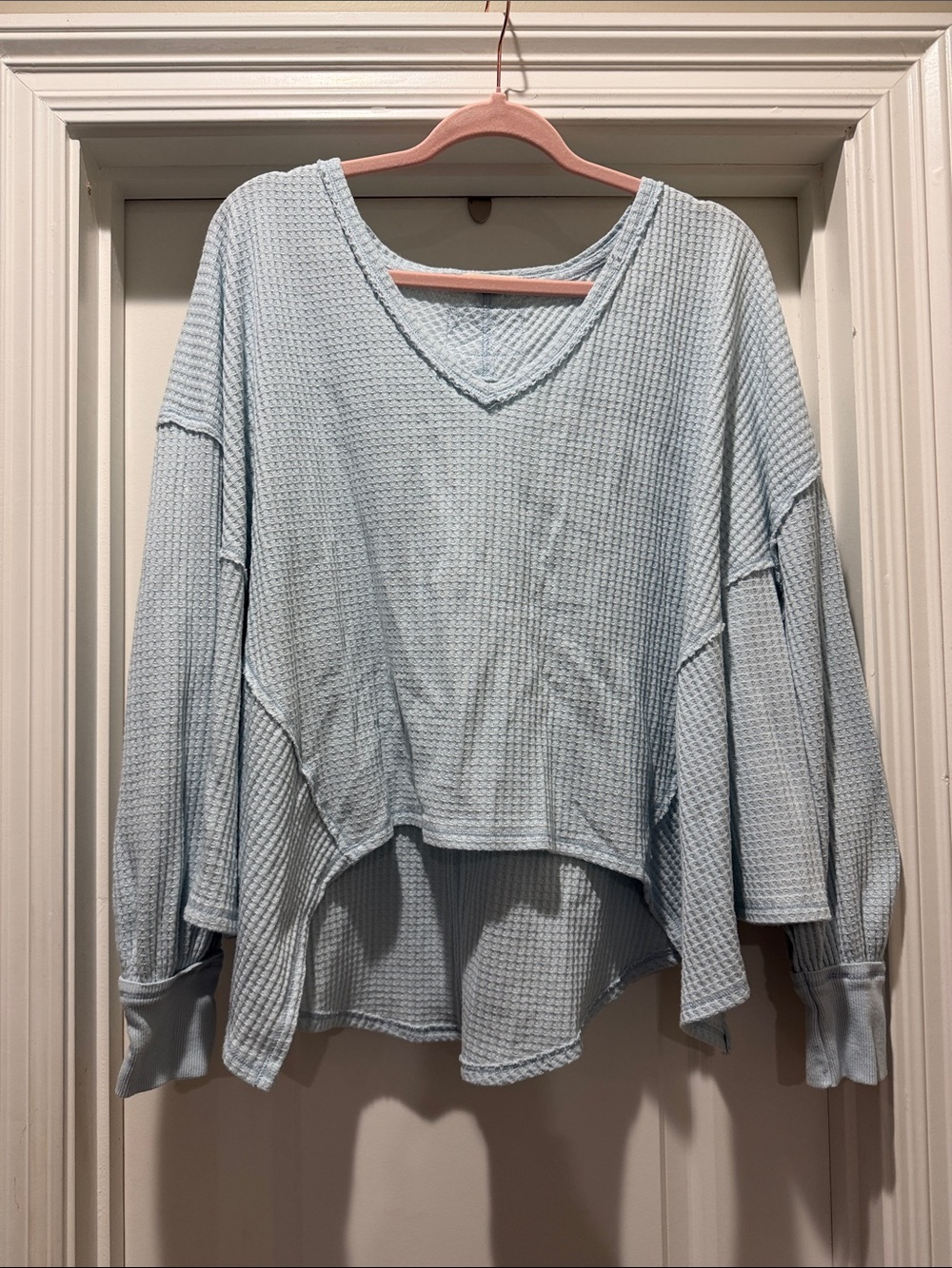 We The Free Light Blue Waffle V-Neck Pullover